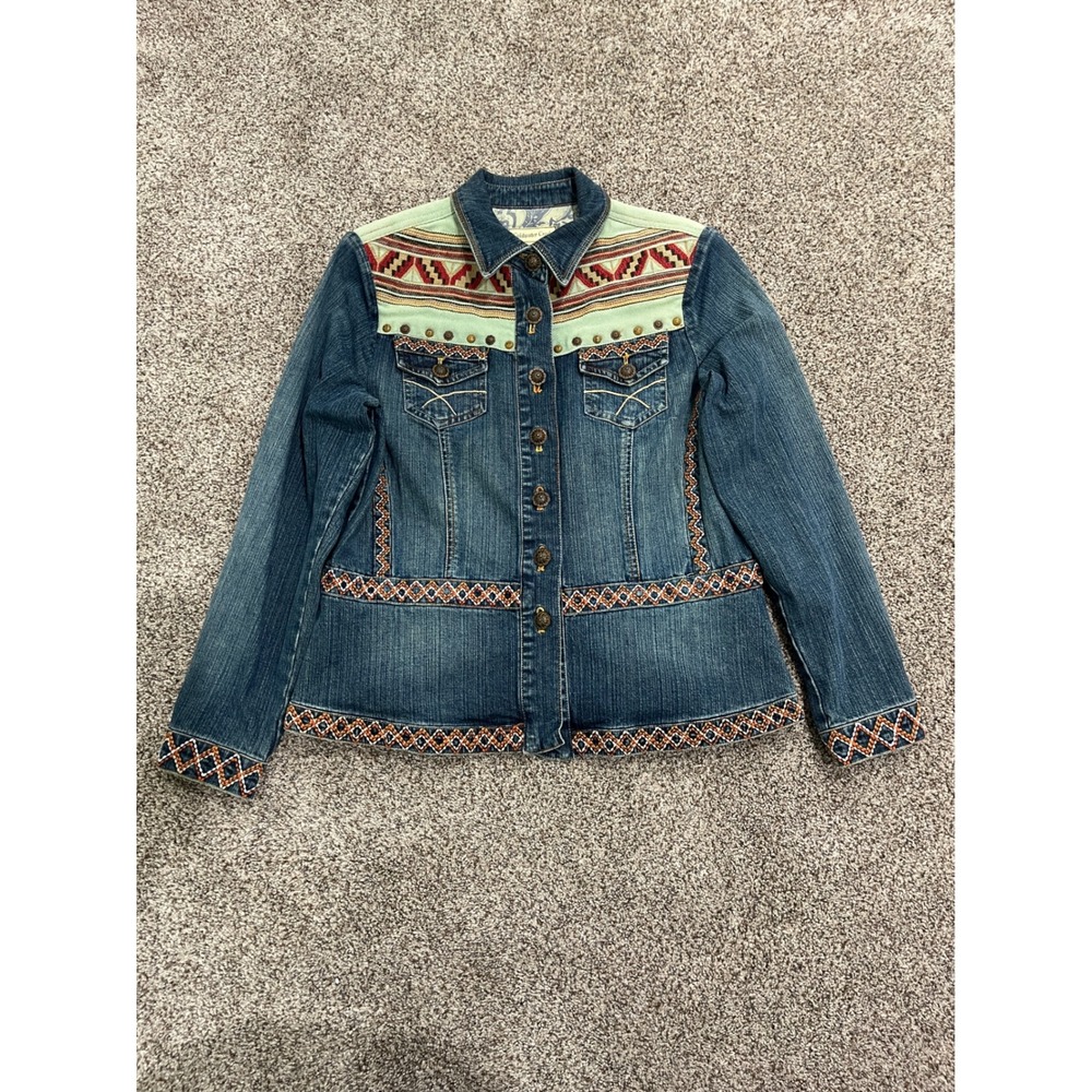 Coldwater Creek Womens Petite Medium Denim Jacket Western Boho Aztec Print Studs
